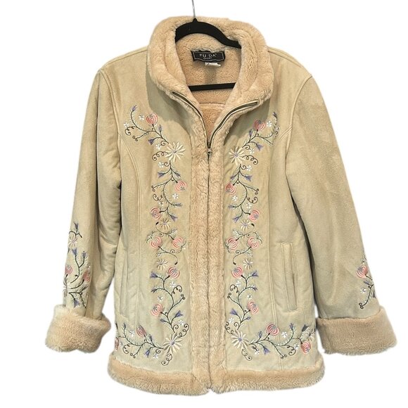 Fu Da‎ Sport Faux Suede Embroidered Sherpa Coat Sz L Phoebe Buffay Inspired 90s - Picture 2 of 8